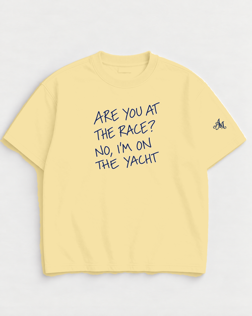 Butter Yellow t-shirt with embroidered Are You At The Race? No, I'm On The Yacht