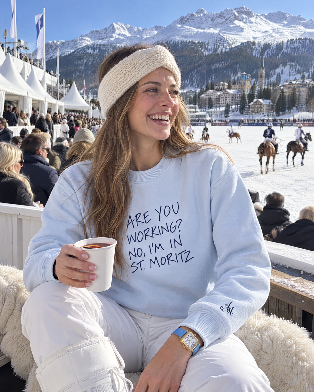 Ice blue crewneck Are You Working? at snow polo on the frozen lake of St. Moritz