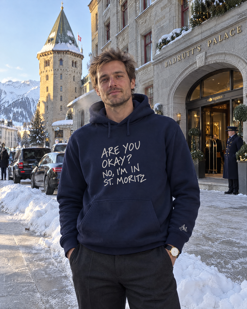 Navy hoodie Are You Okay? worn in front of Badrutt's Palace, St. Moritz