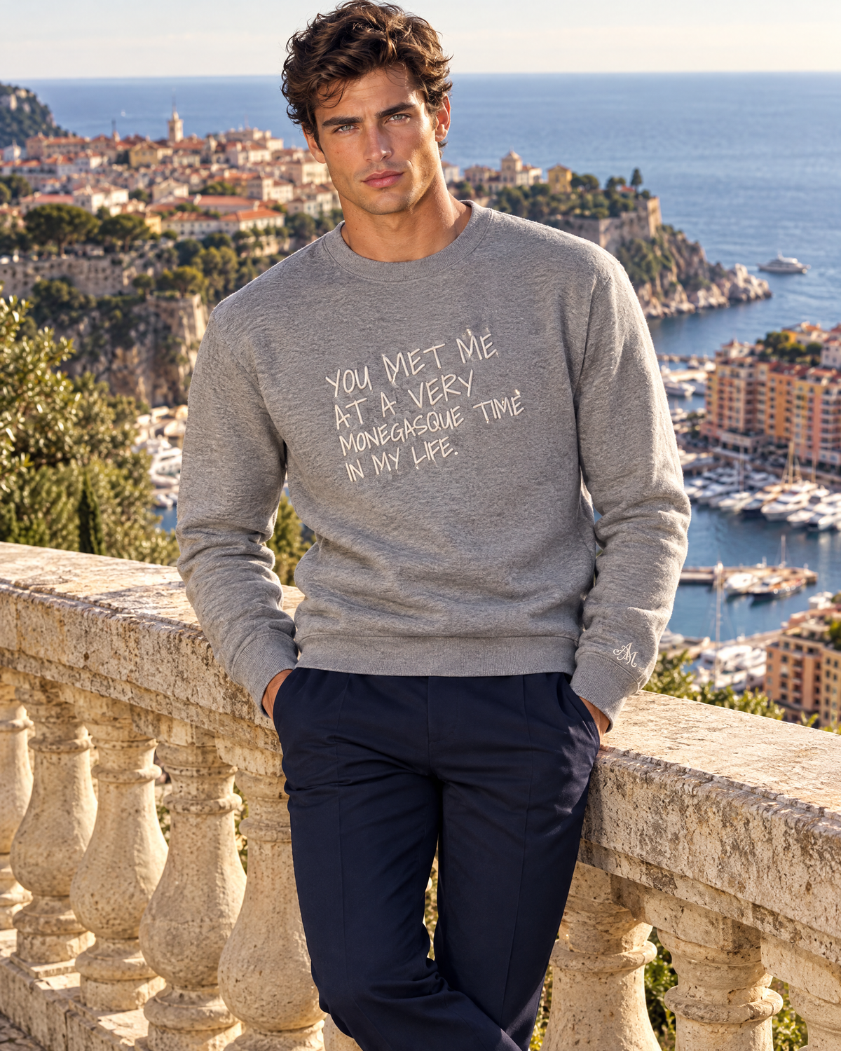 Male model in heather grey Monegasque crewneck on the Rocher, Monaco